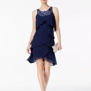 SLNY Navy Blue Layered Midi Dress